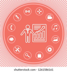 Presentation sign icon. Man standing with pointer near the infographic. Line icon.