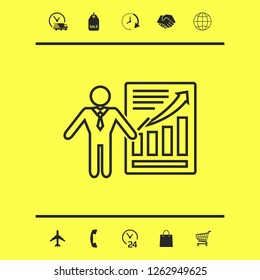 Presentation sign icon. Man standing with pointer near the infographic. Line icon.
