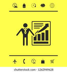 Presentation sign icon. Man standing with pointer near the infographic. Graphic elements for your design