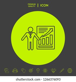 Presentation sign icon. Man standing with pointer near the infographic. Line icon.