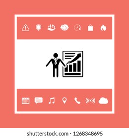 Presentation sign icon. Man standing with pointer near the infographic. Graphic elements for your design