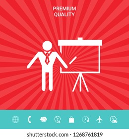 Presentation sign icon. Man standing with pointer near the flip chart. Blank empty billboard symbol