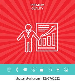 Presentation sign icon. Man standing with pointer near the infographic. Line icon.