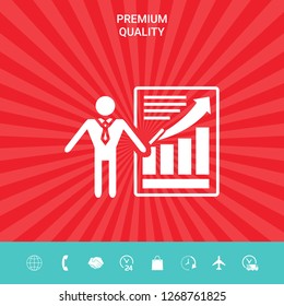 Presentation sign icon. Man standing with pointer near the infographic. Graphic elements for your design