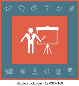 Presentation sign icon. Man standing with pointer near the flip chart. Blank empty billboard symbol