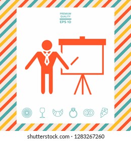 Presentation sign icon. Man standing with pointer near the flip chart. Blank empty billboard symbol