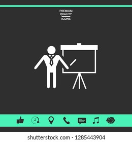 Presentation sign icon. Man standing with pointer near the flip chart. Blank empty billboard symbol