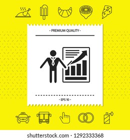 Presentation sign icon. Man standing with pointer near the infographic. Graphic elements for your design