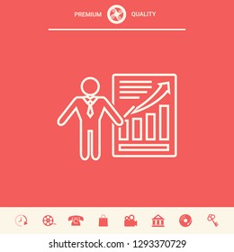 Presentation sign icon. Man standing with pointer near the infographic. Line icon.
