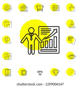 Presentation sign icon. Man standing with pointer near the infographic. Line icon.