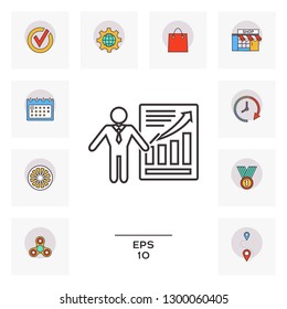 Presentation sign icon. Man standing with pointer near the infographic. Line icon.