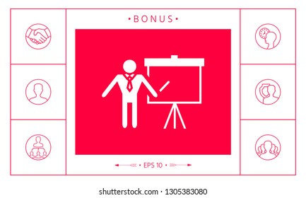 Presentation sign icon. Man standing with pointer near the flip chart. Blank empty billboard symbol