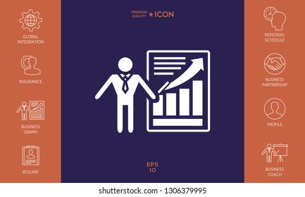 Presentation sign icon. Man standing with pointer near the infographic. Graphic elements for your design