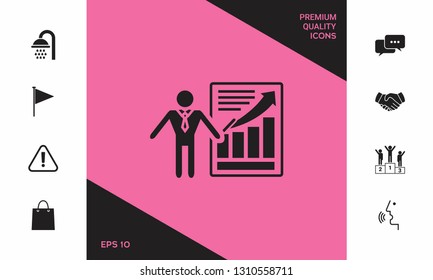 Presentation sign icon. Man standing with pointer near the infographic. Graphic elements for your design