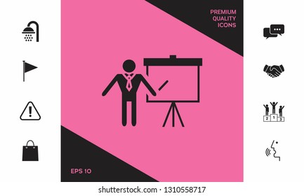 Presentation sign icon. Man standing with pointer near the flip chart. Blank empty billboard symbol