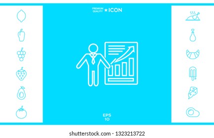 Presentation sign icon. Man standing with pointer near the infographic. Line icon.