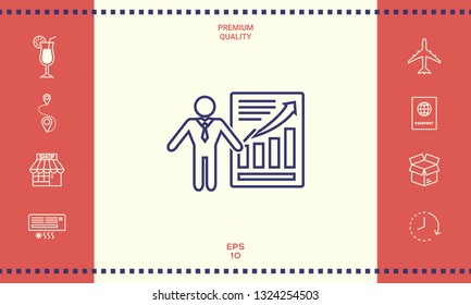 Presentation sign icon. Man standing with pointer near the infographic. Line icon.