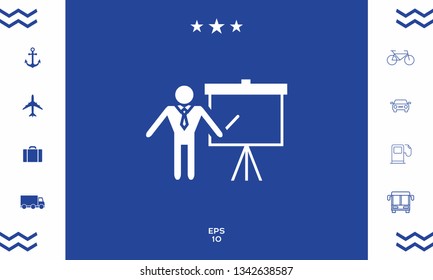 Presentation sign icon. Man standing with pointer near the flip chart. Blank empty billboard symbol