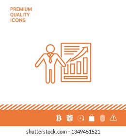 Presentation sign icon. Man standing with pointer near the infographic. Line icon.