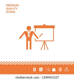 Presentation sign icon. Man standing with pointer near the flip chart. Blank empty billboard symbol