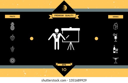 Presentation sign icon. Man standing with pointer near the flip chart. Blank empty billboard symbol