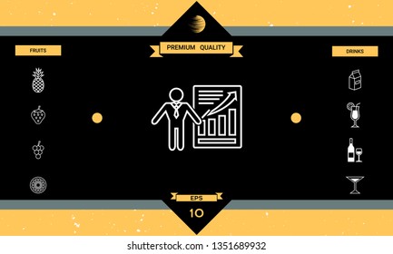 Presentation sign icon. Man standing with pointer near the infographic. Line icon.