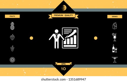 Presentation sign icon. Man standing with pointer near the infographic. Graphic elements for your design