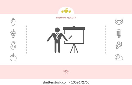 Presentation sign icon. Man standing with pointer near the flip chart. Blank empty billboard symbol