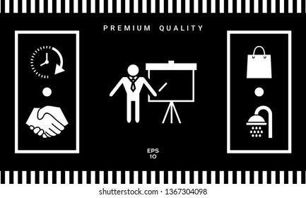 Presentation sign icon. Man standing with pointer near the flip chart. Blank empty billboard symbol
