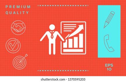 Presentation sign icon. Man standing with pointer near the infographic. Graphic elements for your design
