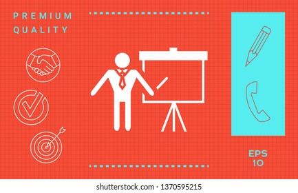 Presentation sign icon. Man standing with pointer near the flip chart. Blank empty billboard symbol