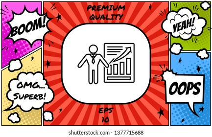 Presentation sign icon. Man standing with pointer near the infographic. Line icon.