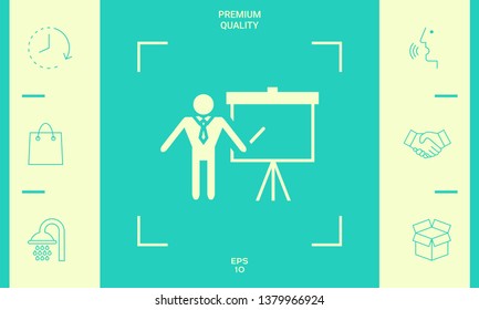 Presentation sign icon. Man standing with pointer near the flip chart. Blank empty billboard symbol