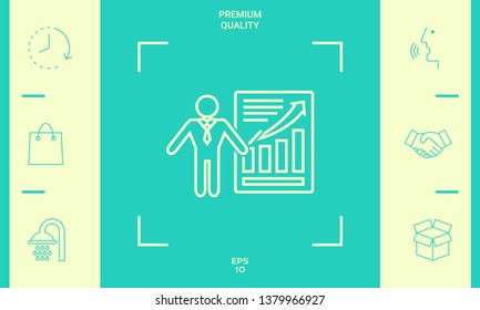 Presentation sign icon. Man standing with pointer near the infographic. Line icon.