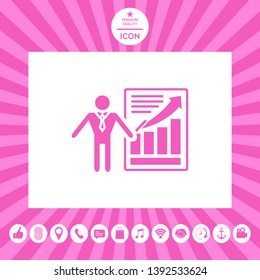 Presentation sign icon. Man standing with pointer near the infographic. Graphic elements for your design