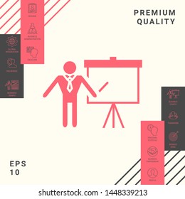 Presentation sign icon. Man standing with pointer near the flip chart. Blank empty billboard , elements for your design