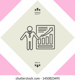 Presentation sign icon. Man standing with pointer near the infographic. - line icon.