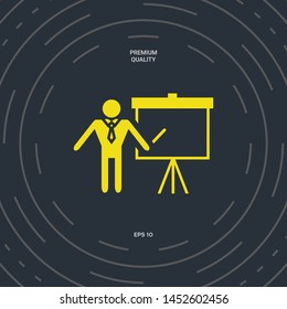 Presentation sign icon. Man standing with pointer near the flip chart. Blank empty billboard , elements for your design