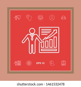 Presentation sign icon. Man standing with pointer near the infographic. - line icon.