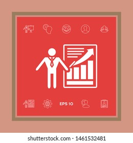 Presentation sign icon. Man standing with pointer near the infographic. Graphic elements for your design
