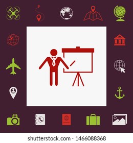 Presentation sign icon. Man standing with pointer near the flip chart. Blank empty billboard , elements for your design