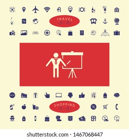 Presentation sign icon. Man standing with pointer near the flip chart. Blank empty billboard , elements for your design