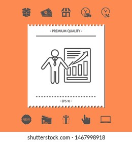 Presentation sign icon. Man standing with pointer near the infographic. - line icon.