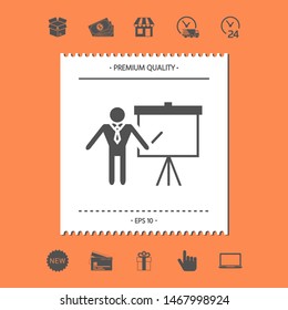 Presentation sign icon. Man standing with pointer near the flip chart. Blank empty billboard , elements for your design