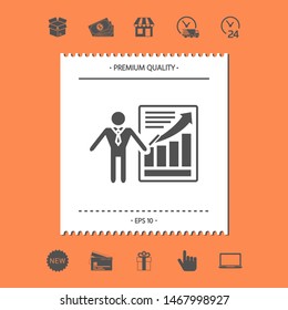 Presentation sign icon. Man standing with pointer near the infographic. Graphic elements for your design