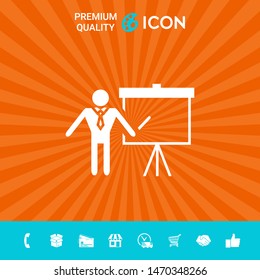 Presentation sign icon. Man standing with pointer near the flip chart. Blank empty billboard , elements for your design