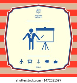 Presentation sign icon. Man standing with pointer near the flip chart. Blank empty billboard , elements for your design