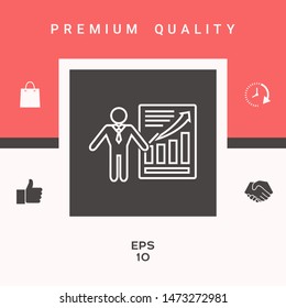 Presentation sign icon. Man standing with pointer near the infographic. - line icon.