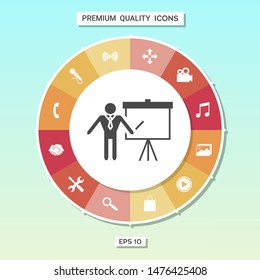 Presentation sign icon. Man standing with pointer near the flip chart. Blank empty billboard , elements for your design