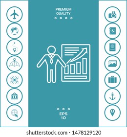 Presentation sign icon. Man standing with pointer near the infographic. - line icon.